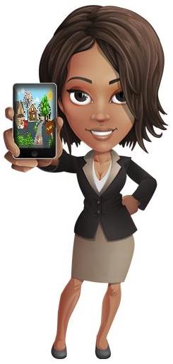 business woman holding a cellphone with griotsites.com background